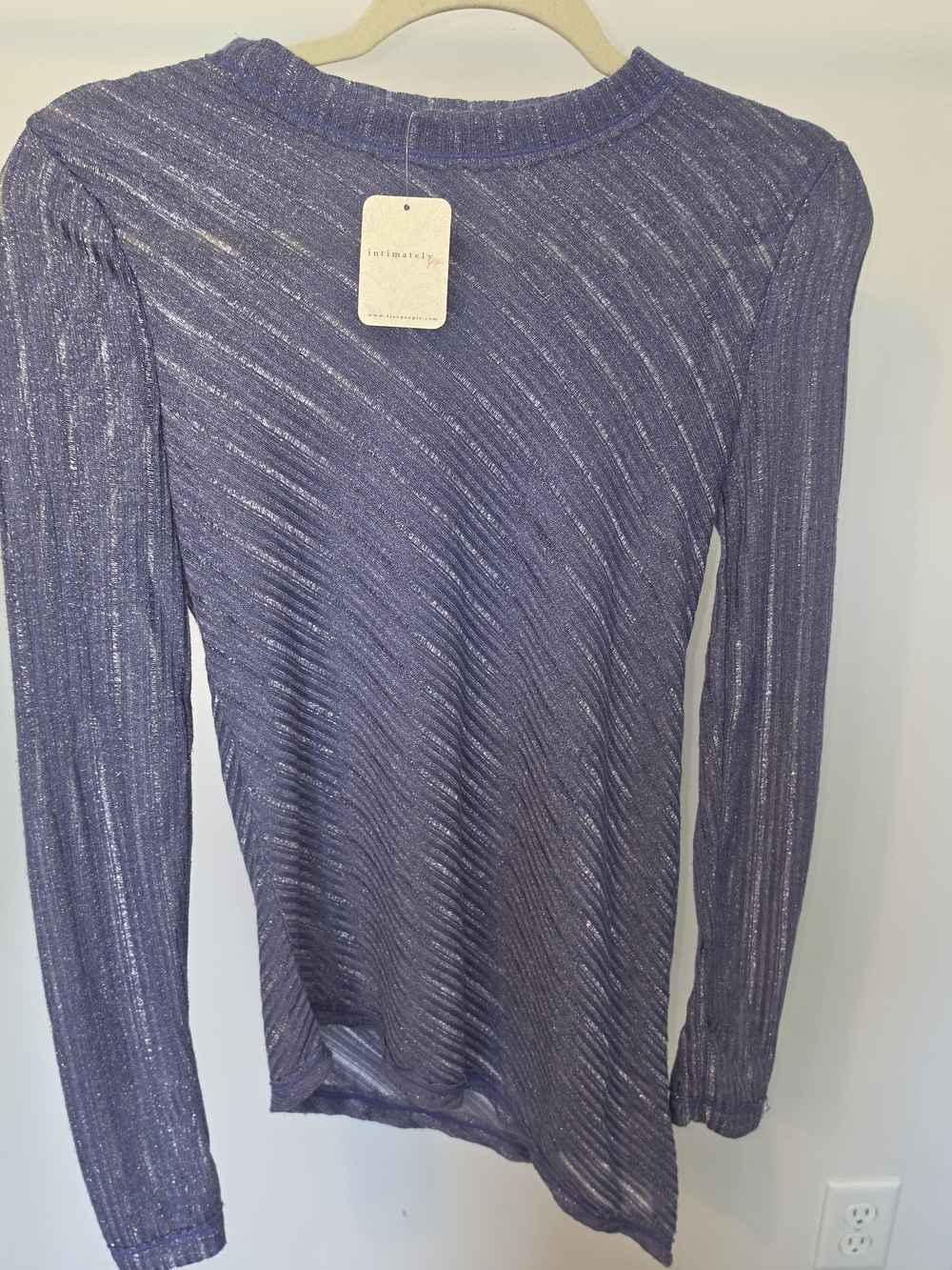 Free People purple long sleeve top with diagonal stripes and silver shimmer